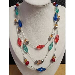 Vintage, Holiday Colored Lights Faceted Beads on a Triple Strand chain Necklace